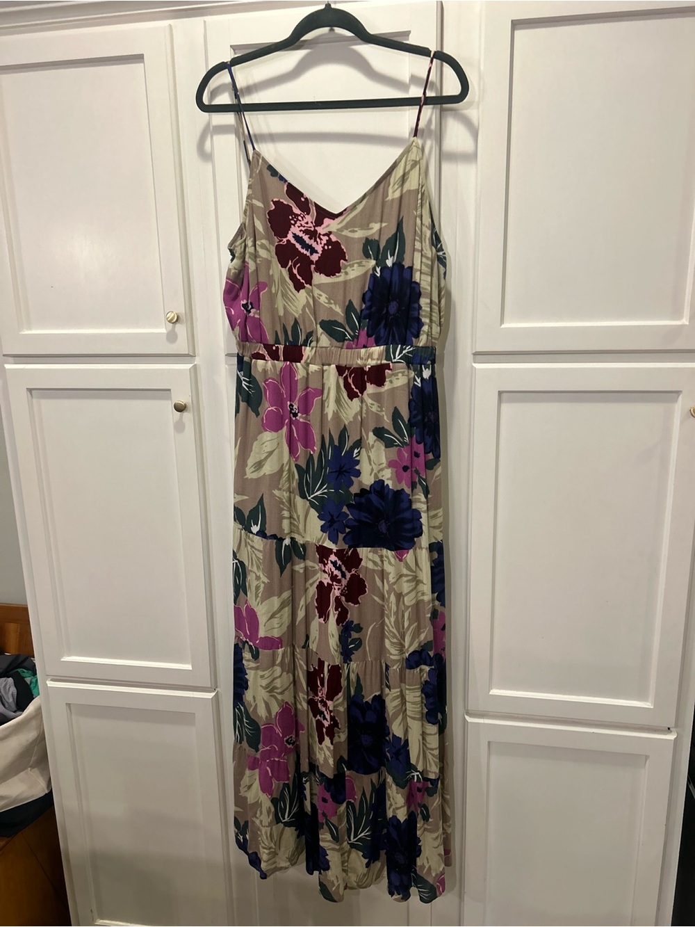 Beige Floral Maxi Dress with Pink & Navy Blooms - Spaghetti Strap